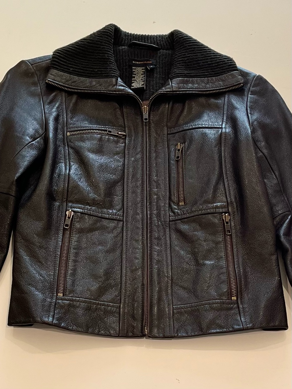 Vintage BCBGMaxAzria Brown Leather Zip Moto Jacket with Knit Collar